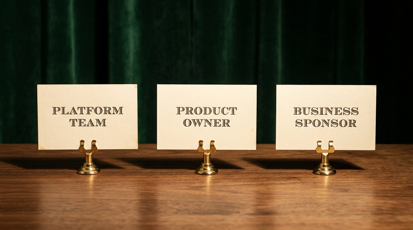 Three cream place-cards on a walnut desk labeled Platform Team, Product Owner, Business Sponsor under warm lamp light