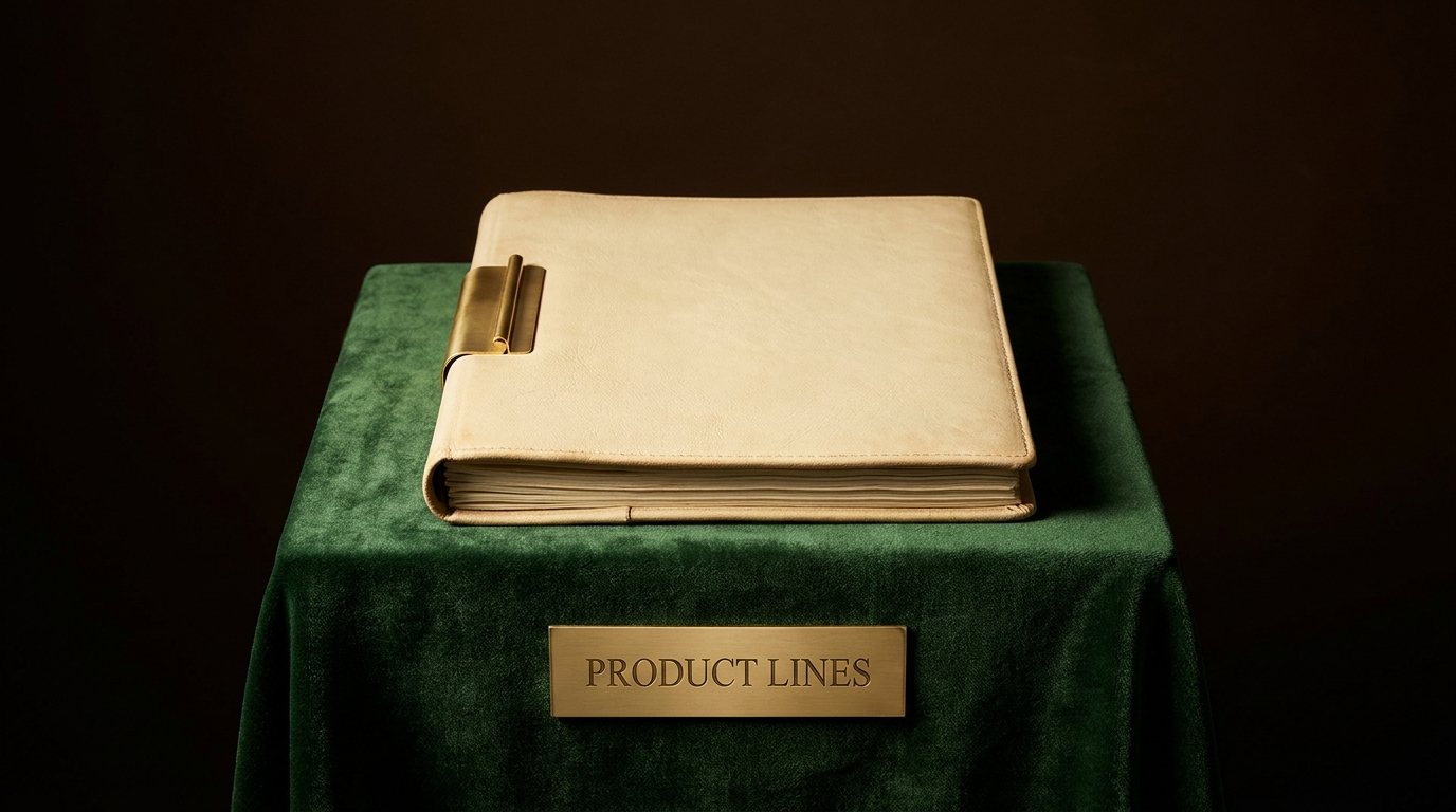 A cream bound dossier with a brass clip on a deep forest-green velvet pedestal, brass base label reading Product Lines
