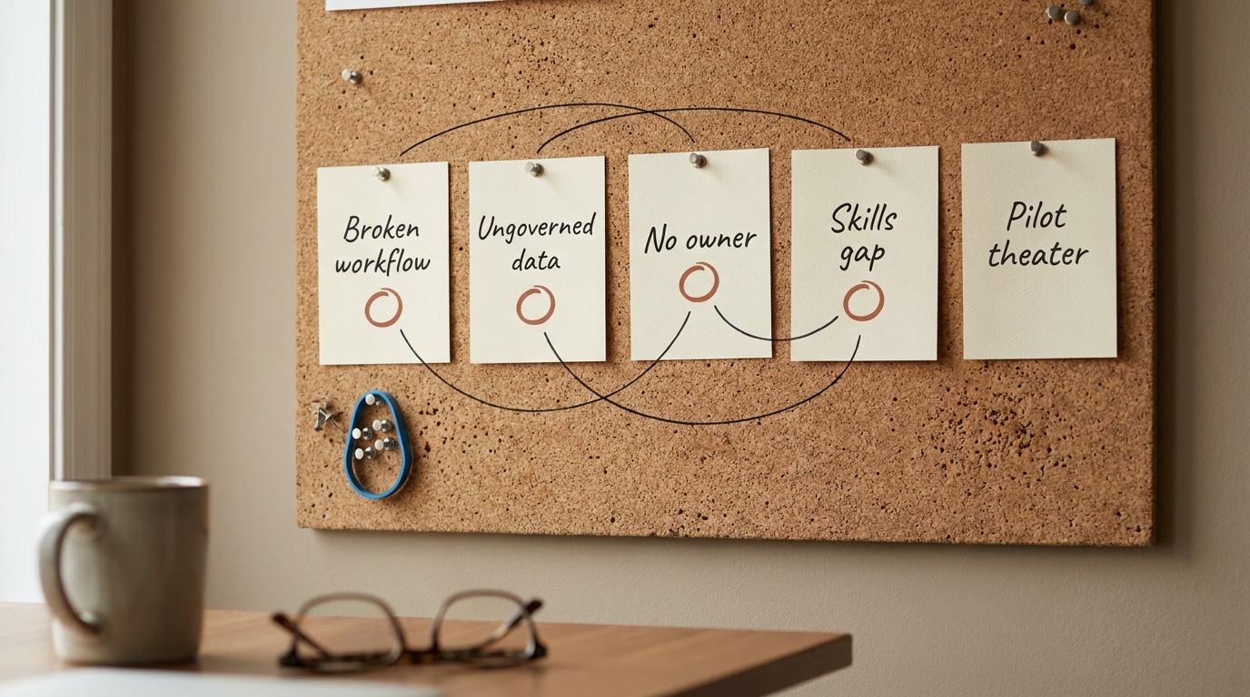 Five pinned cards on a cork board naming the reasons AI pilots stall: broken workflow, ungoverned data, no owner, skills gap, pilot theater