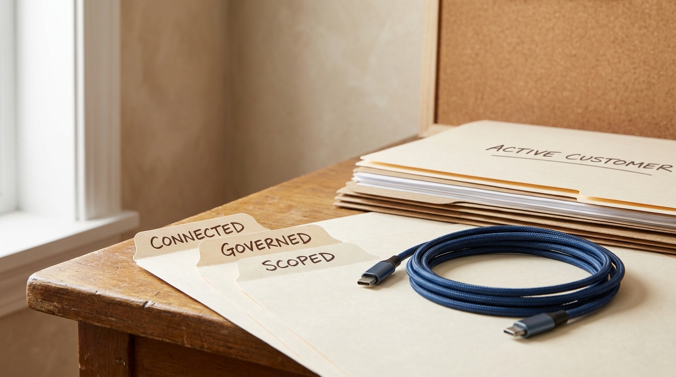 A desk still life with three paper tabs labelled Connected, Governed, Scoped beside a coiled cable and a records folder marked active customer