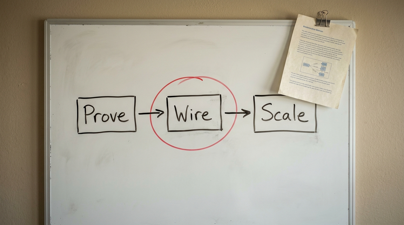 A whiteboard flow diagram of three boxes labelled Prove, Wire, Scale joined by arrows, with Wire circled in red marker