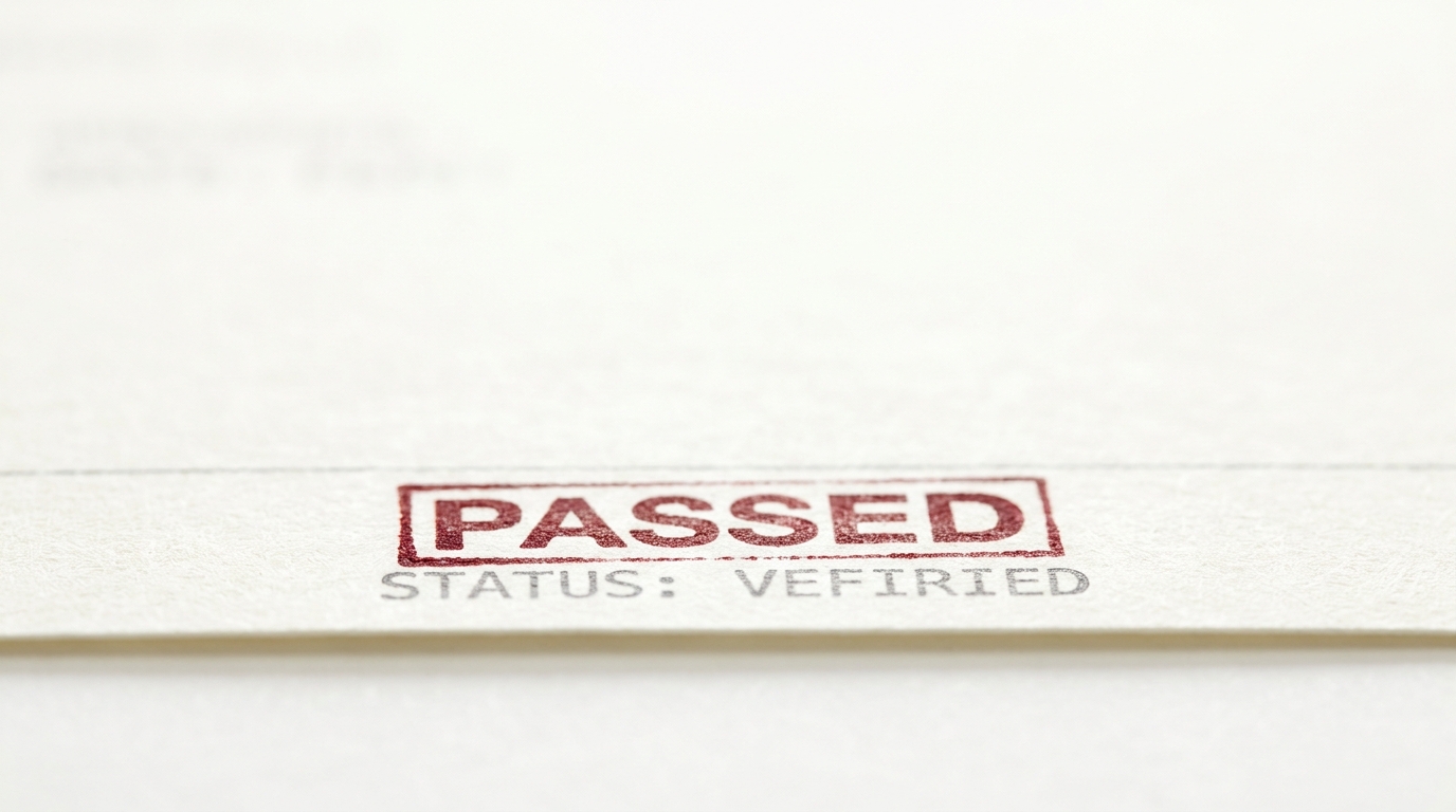 An oxblood 'PASSED' stamp on a cream page over lines of monospace text that are subtly incorrect