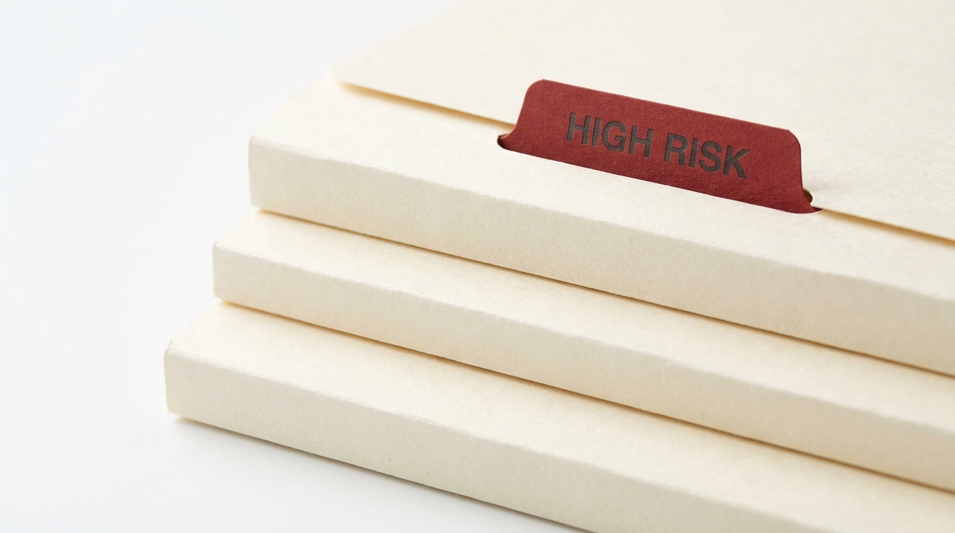 Three cream document folders stepped into ascending tiers, the tallest marked with an oxblood 'HIGH RISK' tab