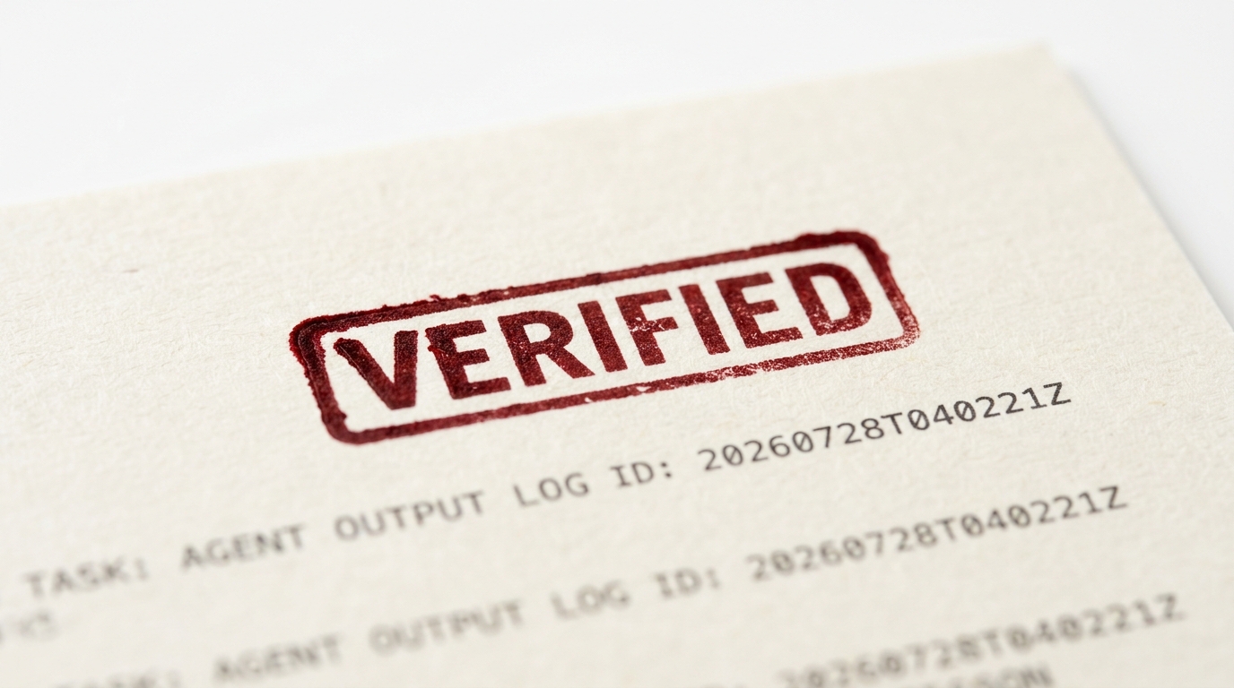 Macro close-up of an oxblood-red 'VERIFIED' rubber stamp pressed onto cream paper over faint monospace text
