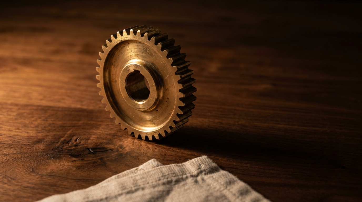A single polished brass gear on dark walnut, lit warm from the left, symbolizing the operating discipline agentic AI needs in production.