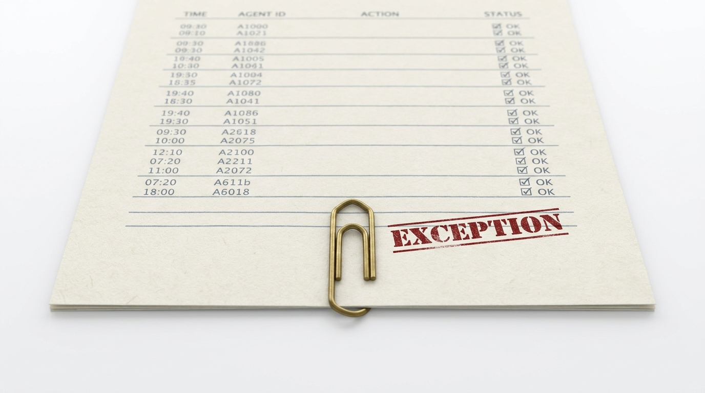 A cream monitoring ledger with routine entries and one oxblood 'EXCEPTION' stamp flagging a single line, marked by a paperclip