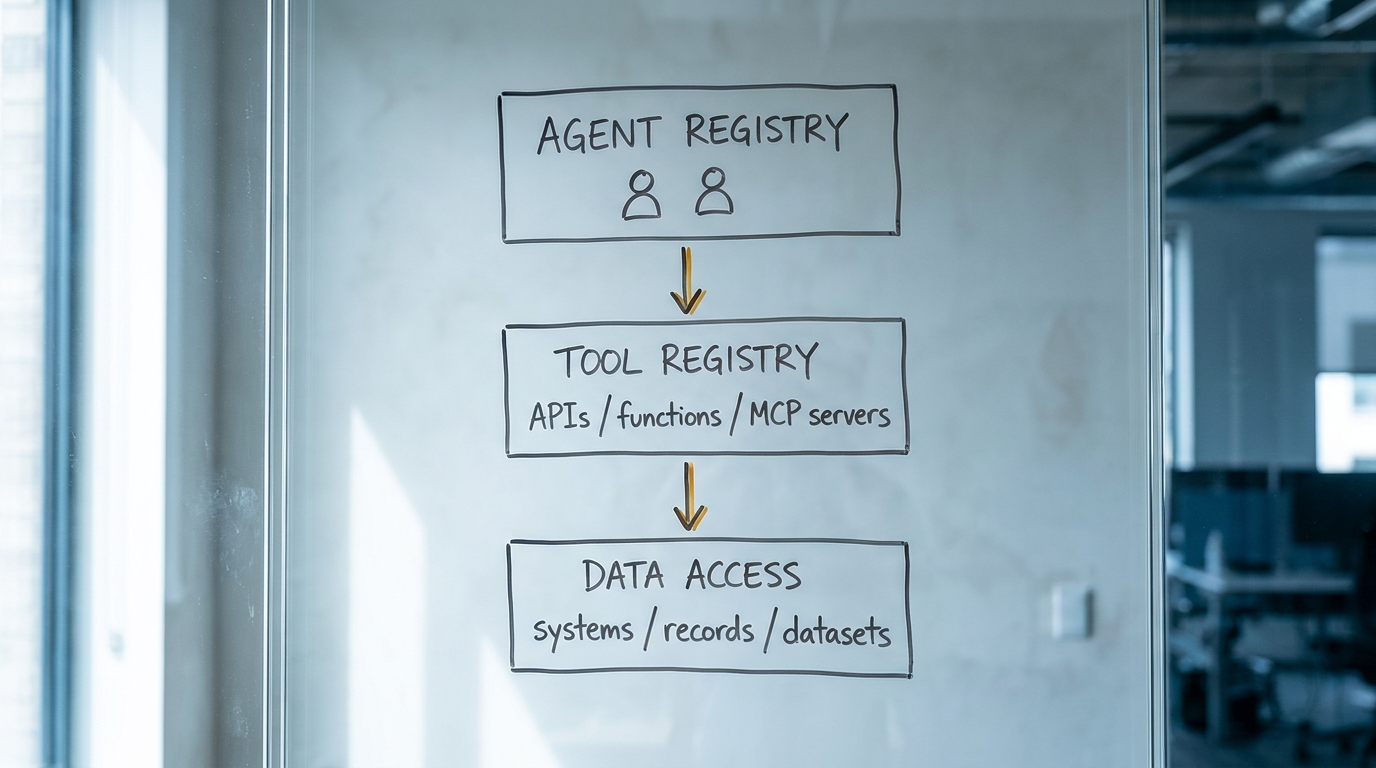 A hand-drawn diagram of three stacked layers - agent registry above tool registry above data access - joined by downward arrows on a glass wall