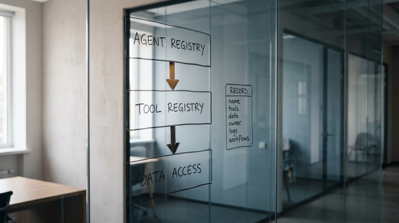 A glass office wall with a hand-drawn three-layer diagram labelled agent registry, tool registry, and data access, connected by arrows