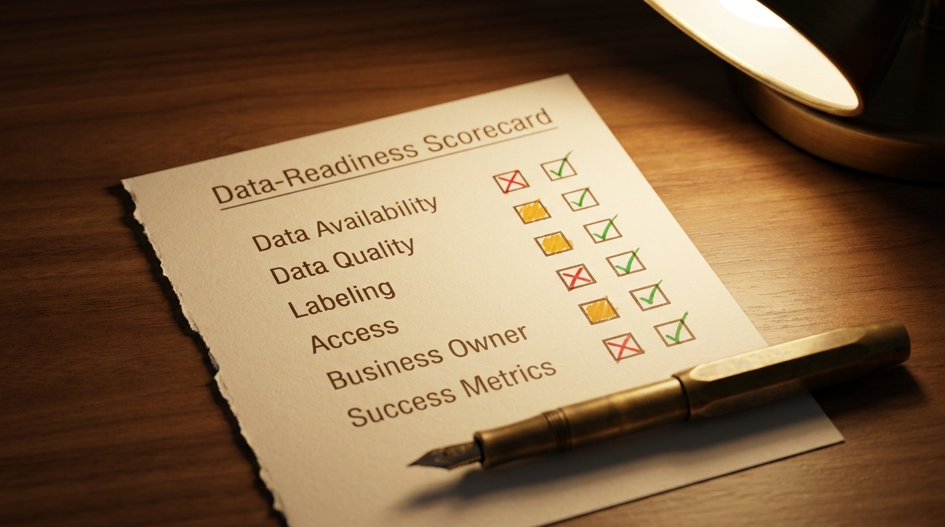 Close-up of a printed data-readiness scorecard with a six-row checklist and hand-marked red, amber and green ratings on a walnut desk
