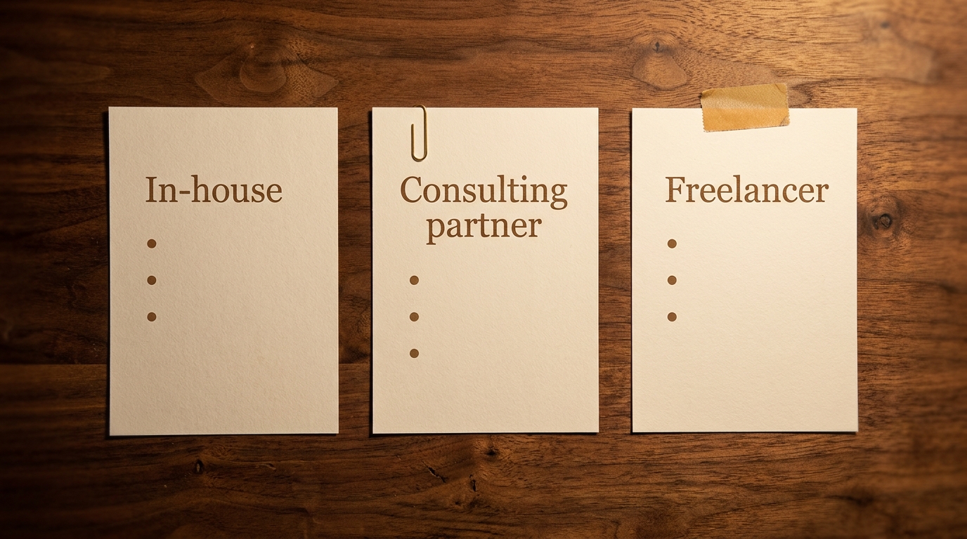Three printed decision cards on a walnut desk labeled In-house, Consulting partner and Freelancer, each with short bullet notes