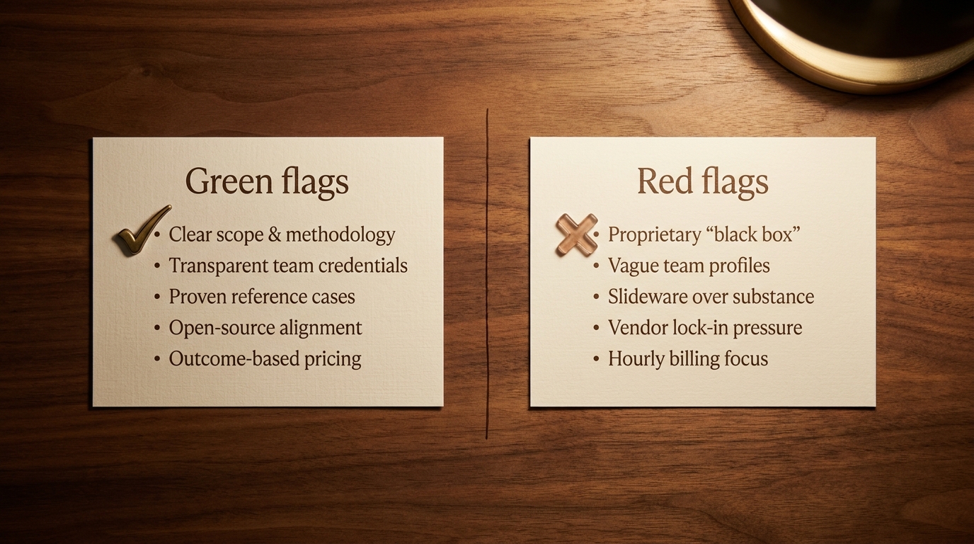 Two contrasting document cards on a walnut desk, one headed Green flags and one Red flags, each with a short evaluation checklist