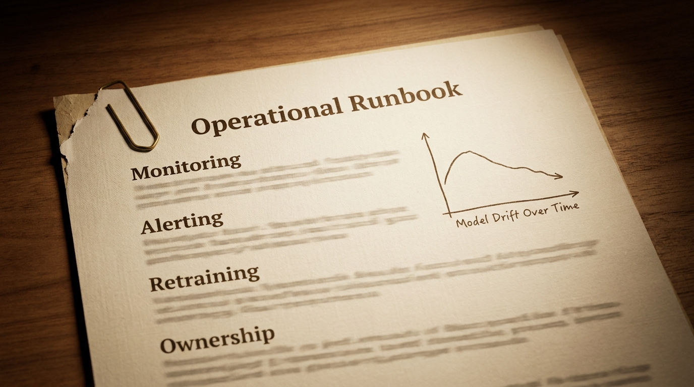 Close-up of a printed operational runbook page with Monitoring, Alerting, Retraining and Ownership sections beside a small downward-drifting line chart