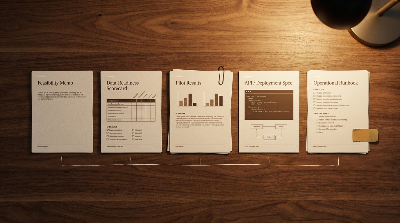 Overhead view of five printed AI project deliverable documents in a row on a walnut desk: feasibility memo, readiness scorecard, pilot results, deployment spec, runbook