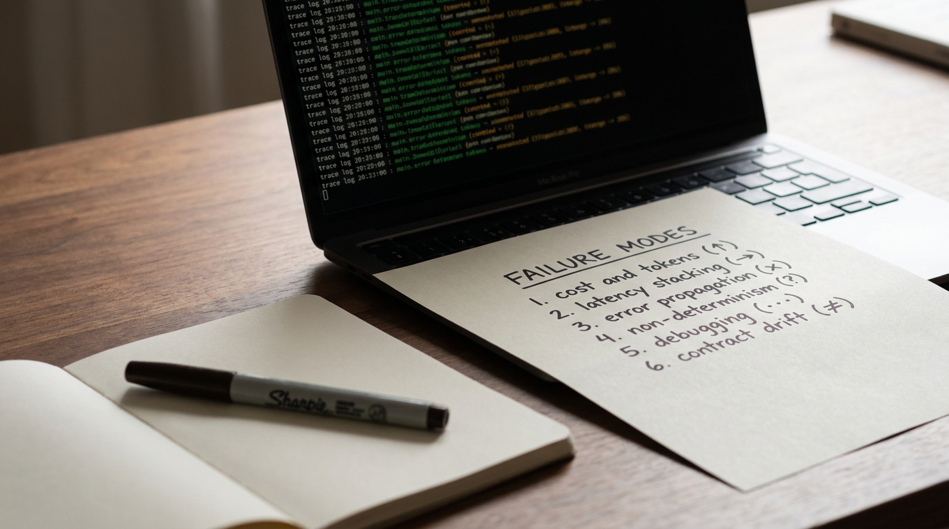 A desk with a notebook and printed page listing six multi-agent failure modes beside a laptop showing a trace log