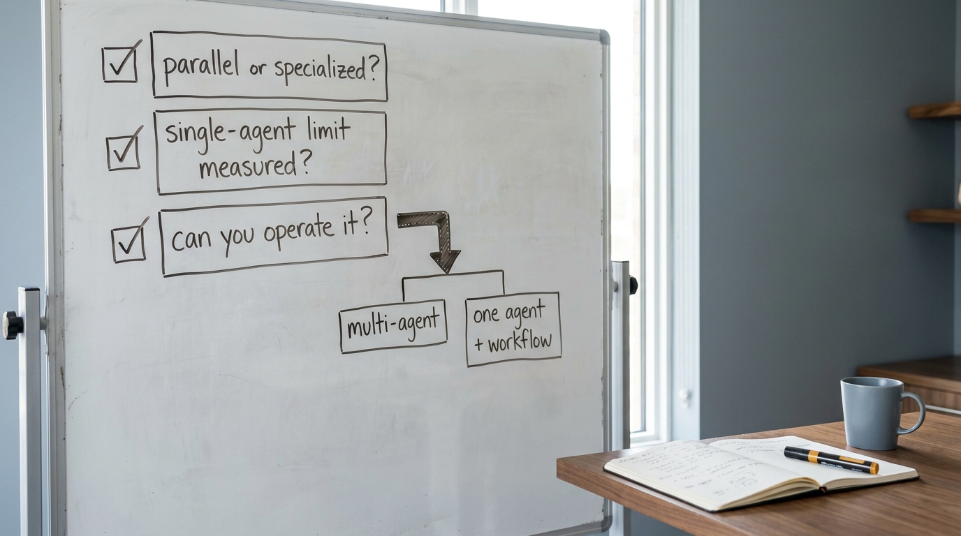 A whiteboard decision diagram with three condition checkboxes branching to multi-agent versus one-agent-plus-workflow outcomes