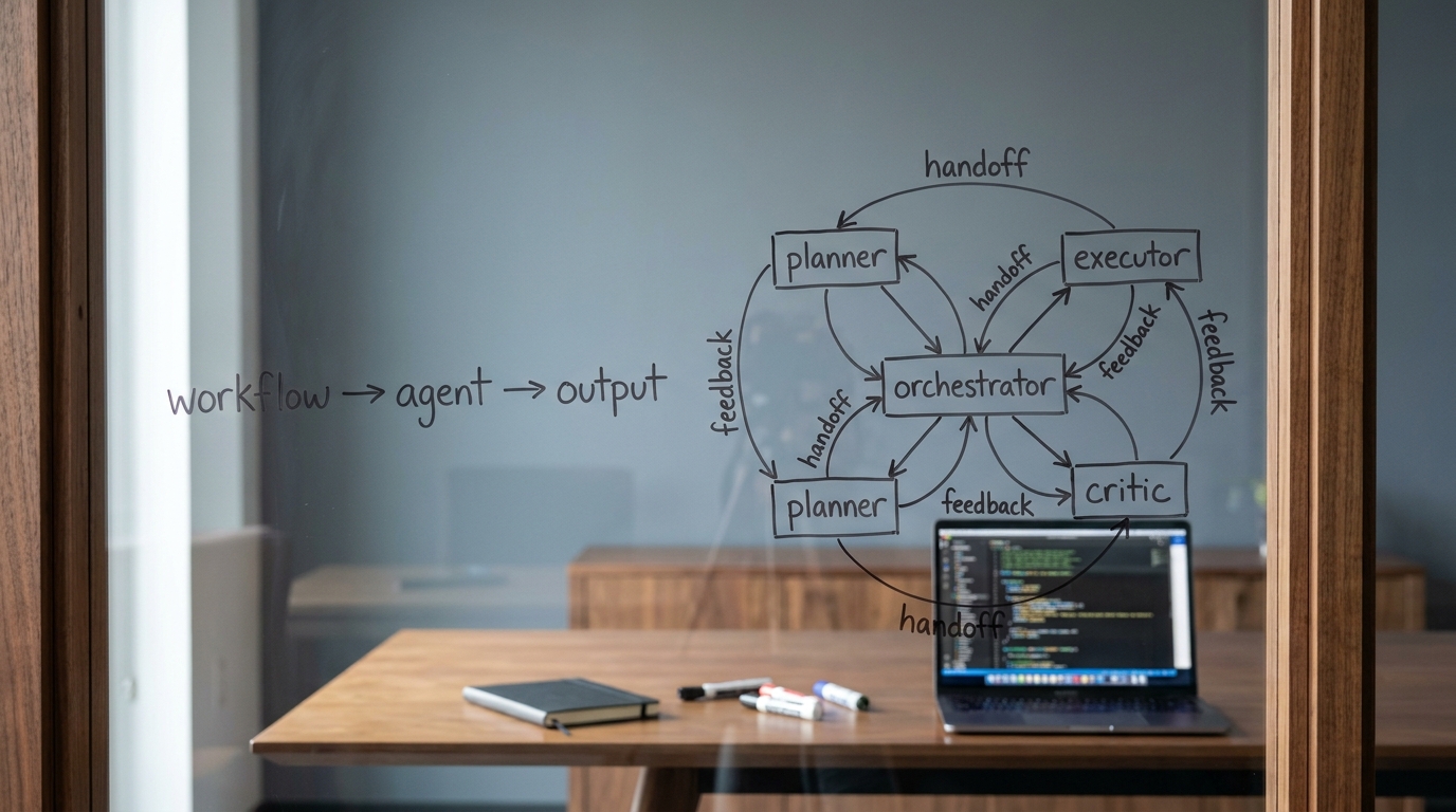 A glass wall with a hand-drawn diagram contrasting a single-agent workflow against a tangled multi-agent orchestrator mesh