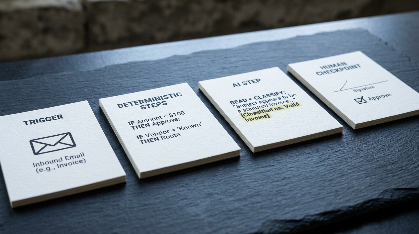 A row of four labeled workflow cards on a slate desk: Trigger, Deterministic steps, AI step, and Human checkpoint