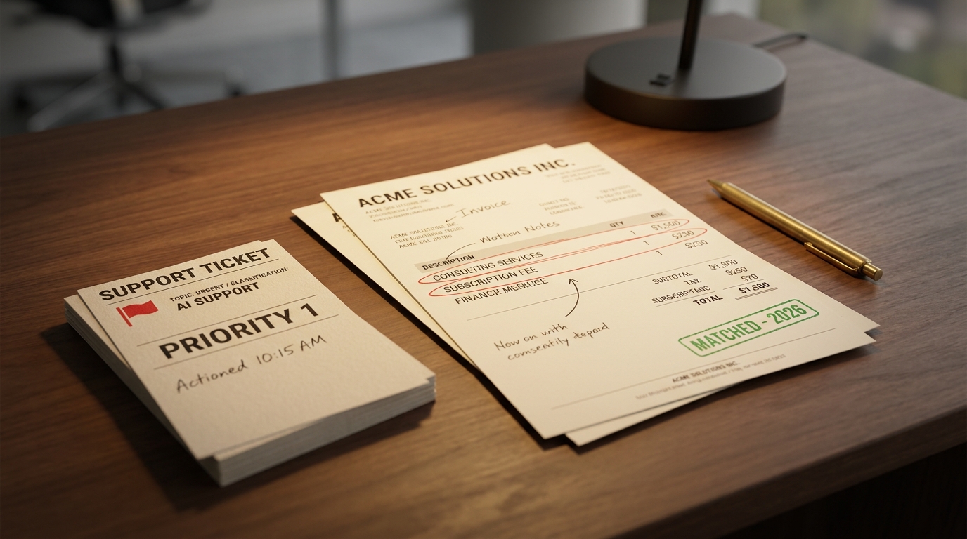 A marked-up invoice with a matched tick beside a tagged support-ticket card on a warm walnut desk