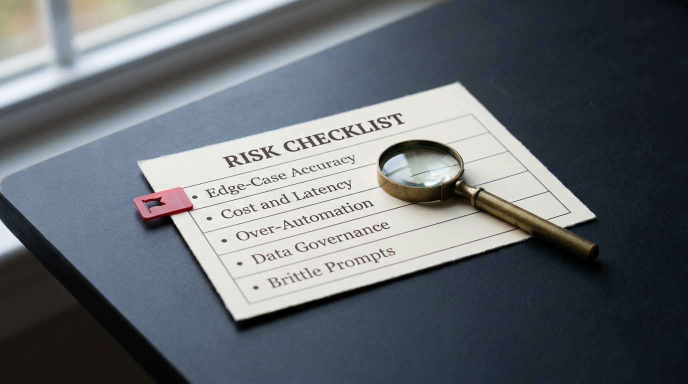 A printed five-row failure-mode checklist on a slate desk with a red flag tab and a resting magnifier