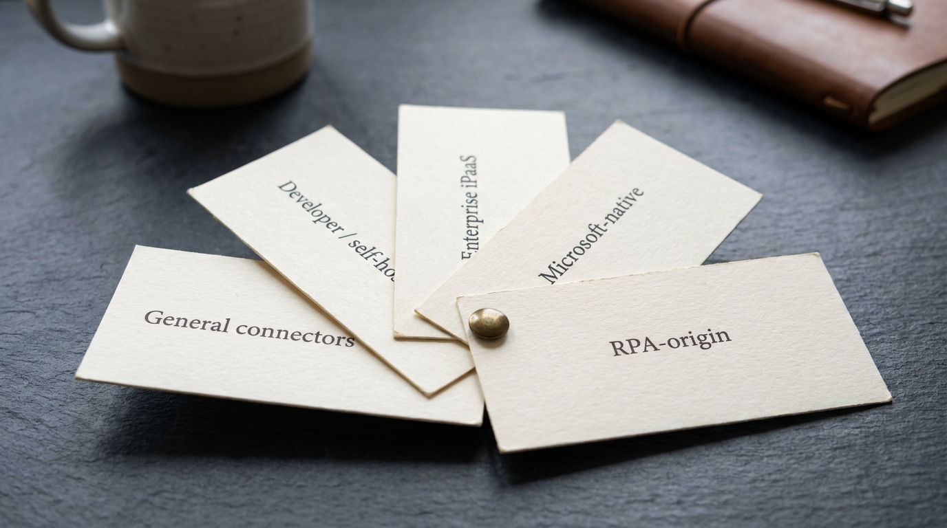 Five labeled tooling-category cards fanned as a map on a slate desk with a brass pin at the center