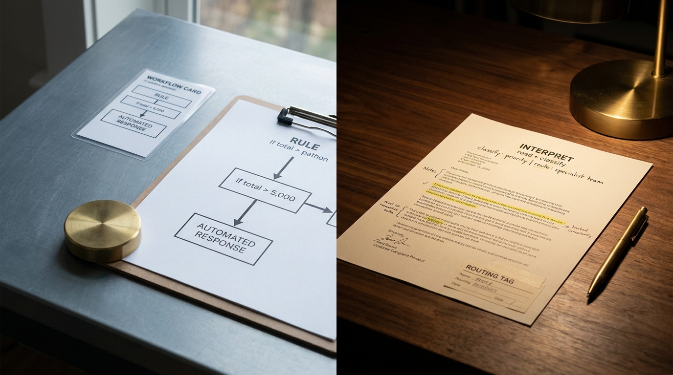 Split image: a rigid if/then routing card on a cool slate desk beside a marked-up AI-classified complaint on a warm walnut desk