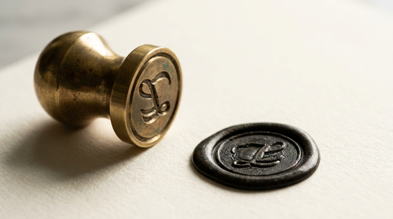 A brass signet stamp beside a freshly pressed seal on cream linen paper, macro high-key