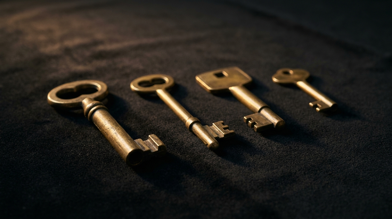 Four different antique brass keys arranged in a row on dark velvet under directional light
