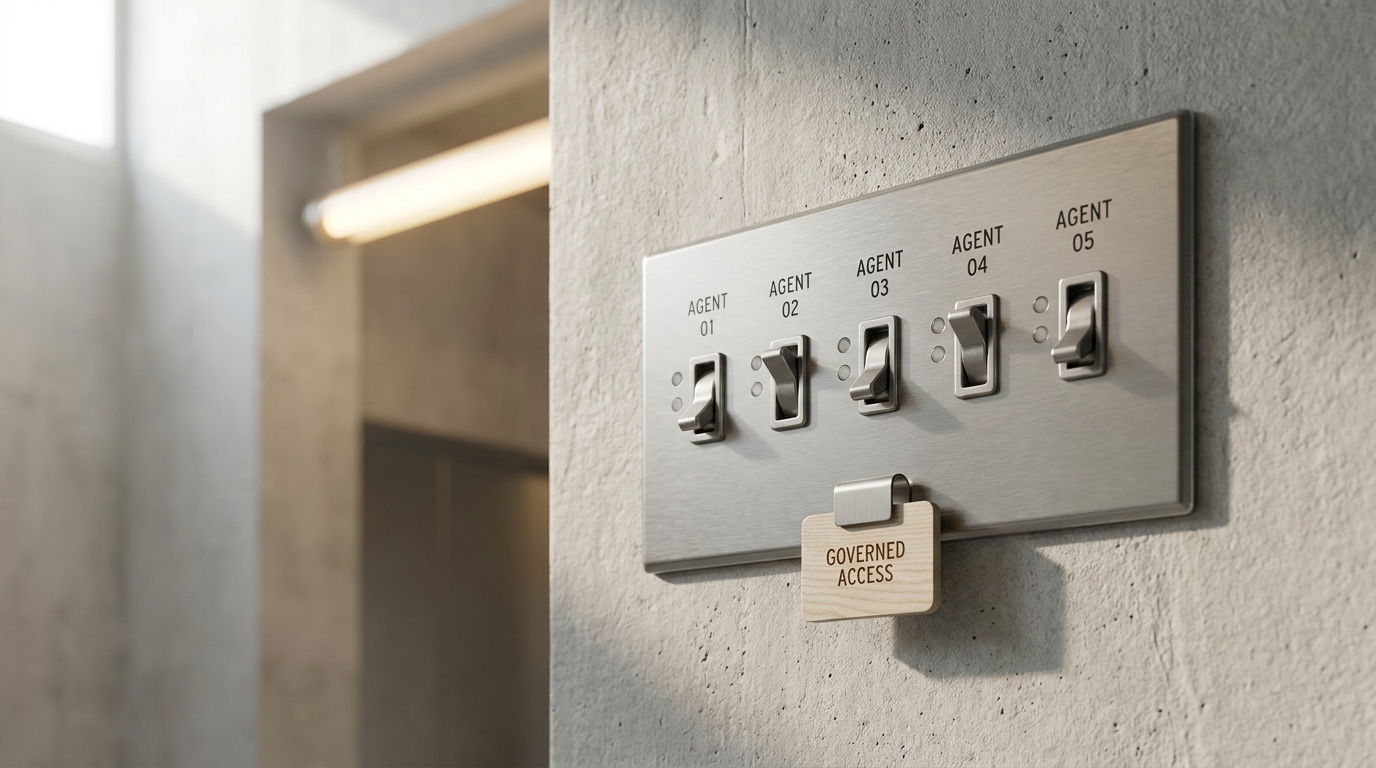 A brushed-steel control board on concrete holding a numbered row of labeled toggle switches, symbolizing governed and accounted-for agents