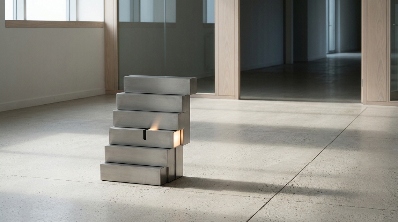 Five stacked brushed-steel bars of increasing height on concrete, with a lower-middle bar marked to show a current maturity rung