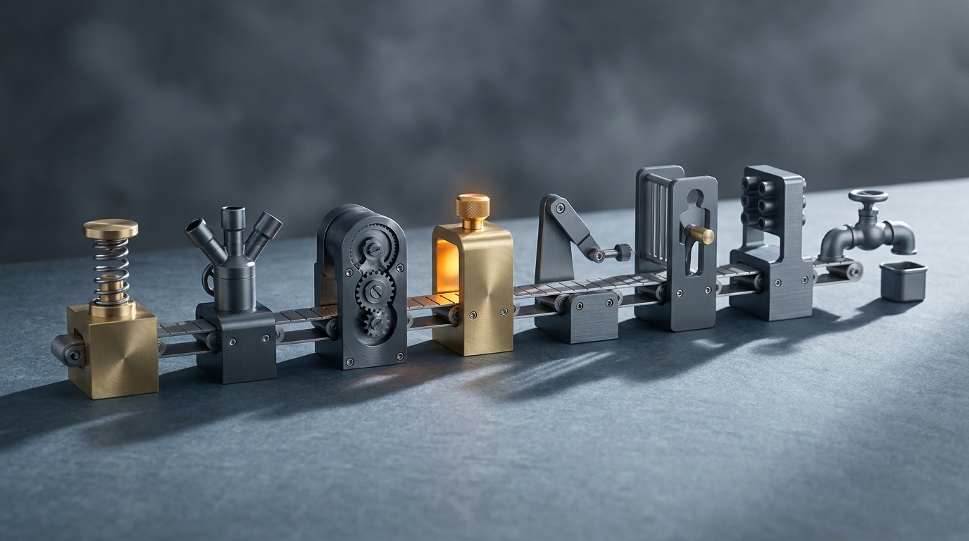 Seven machined brass stations in a row on slate with the central one lit amber, symbolizing the seven-stage AI automation workflow pipeline