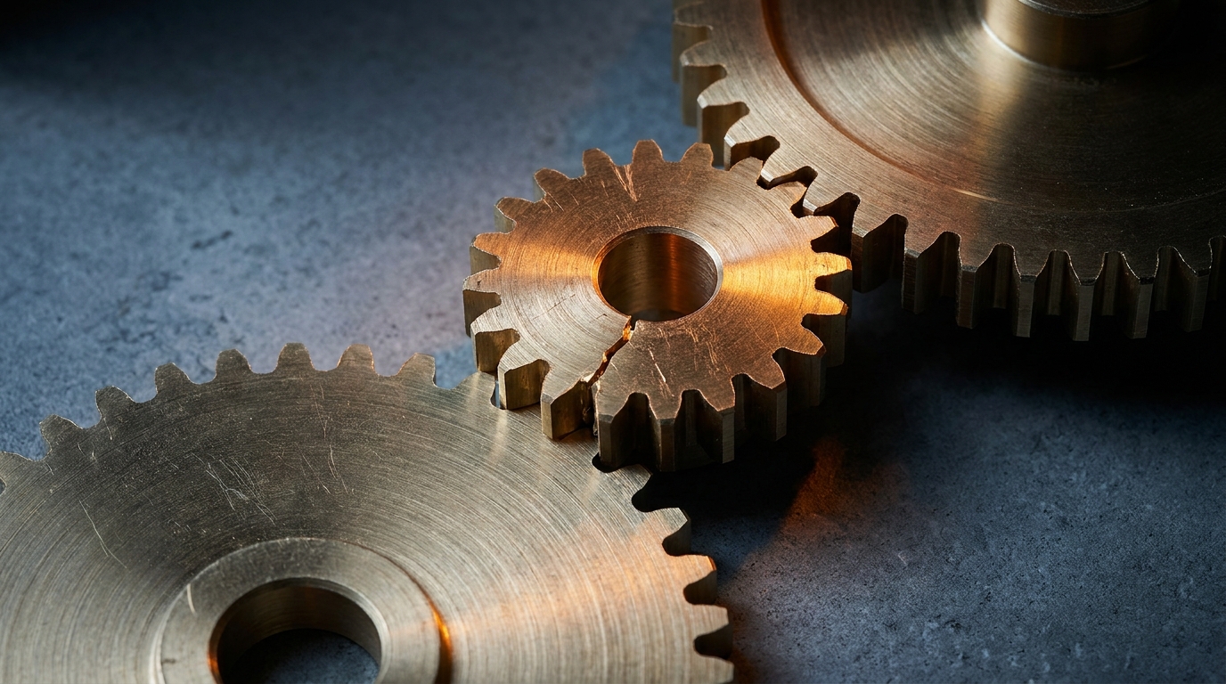 A precise brass mechanism with one cracked, misaligned gear among cleanly meshing parts, symbolizing the designable failure modes of AI automation workflows