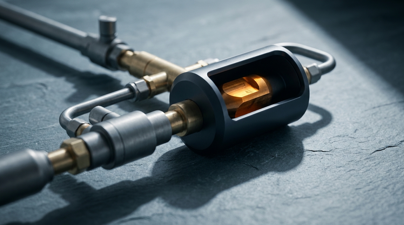 A brass-and-graphite routing manifold feeding pipework into one amber-lit central chamber, symbolizing deterministic automation wrapped around a single AI decision step