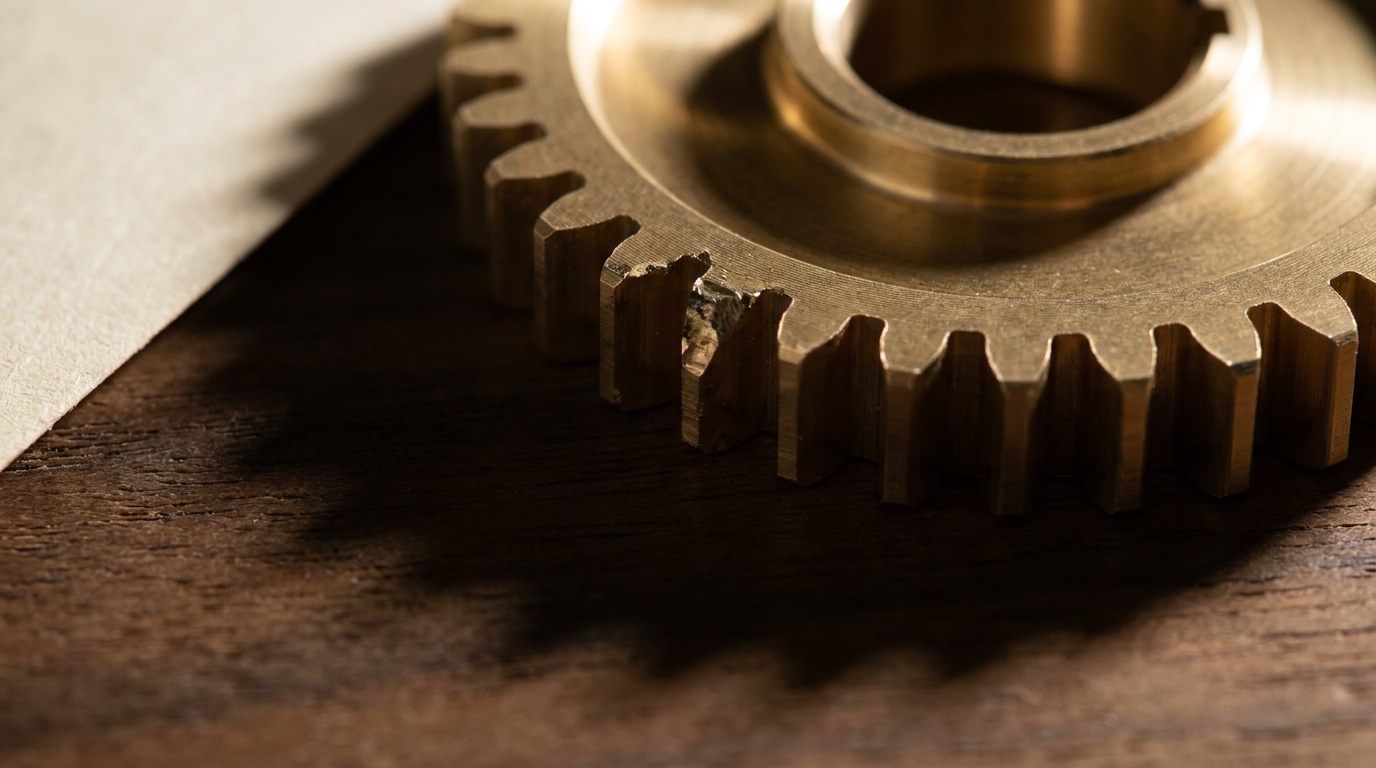 Macro close-up of a brass gear with one chipped tooth, the flaw lit and sharp against dark walnut
