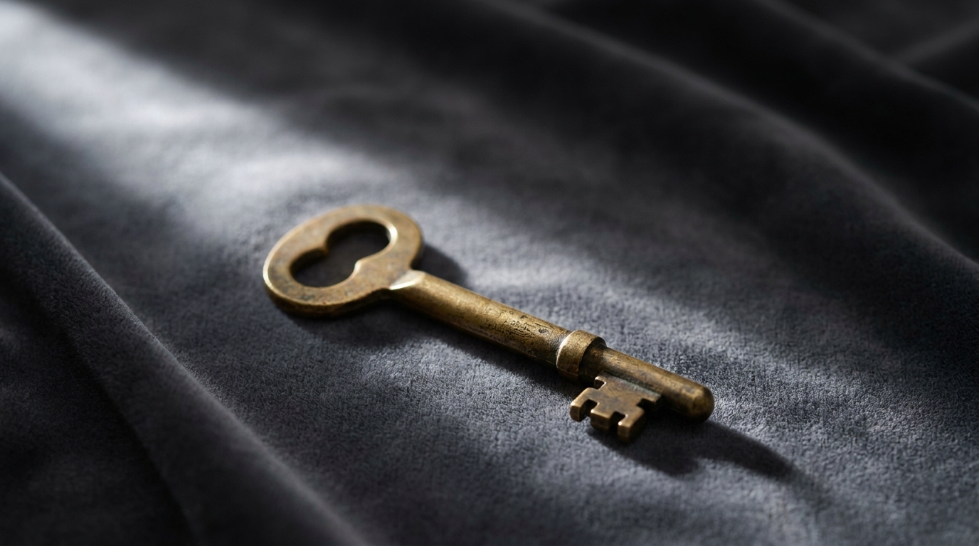 A single worn brass key resting on dark velvet under a single directional light
