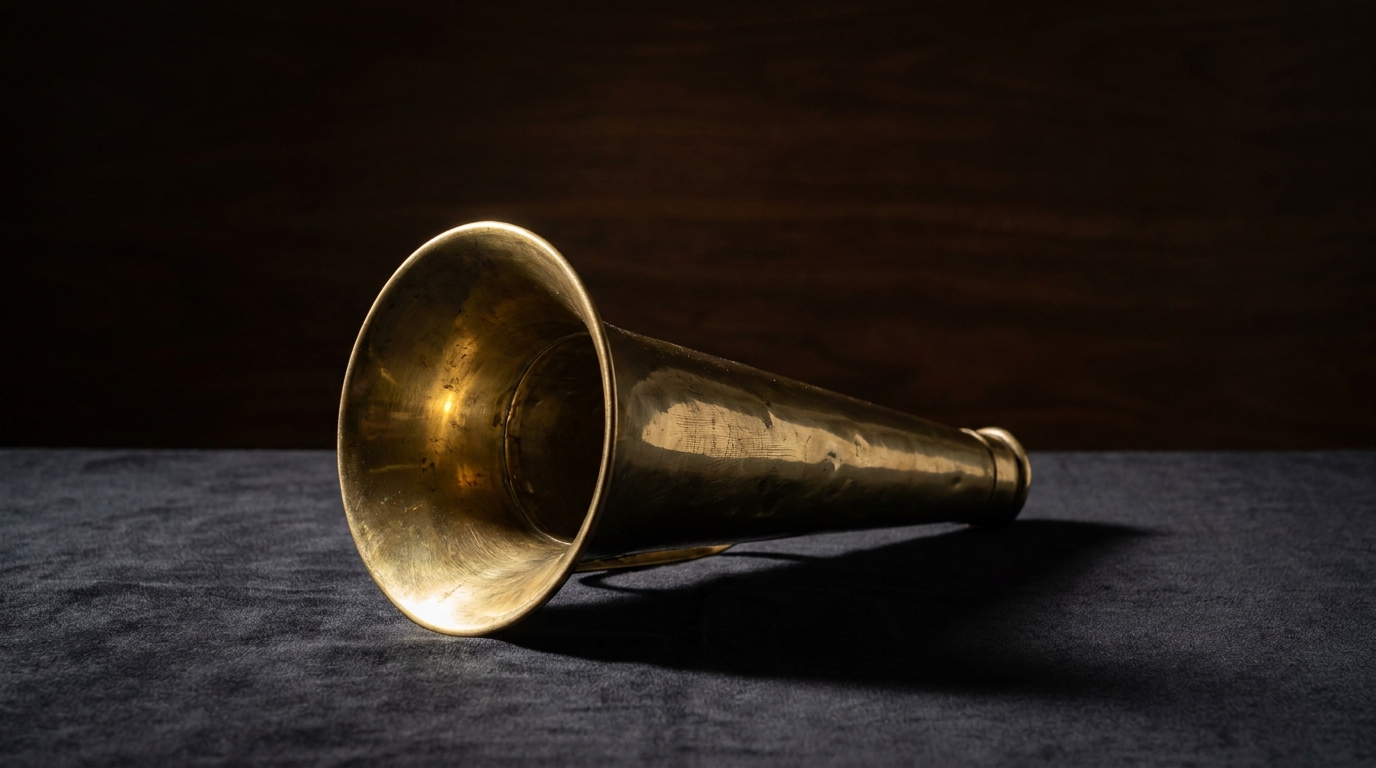 A polished antique brass speaking-horn standing on dark velvet under a single dramatic sidelight