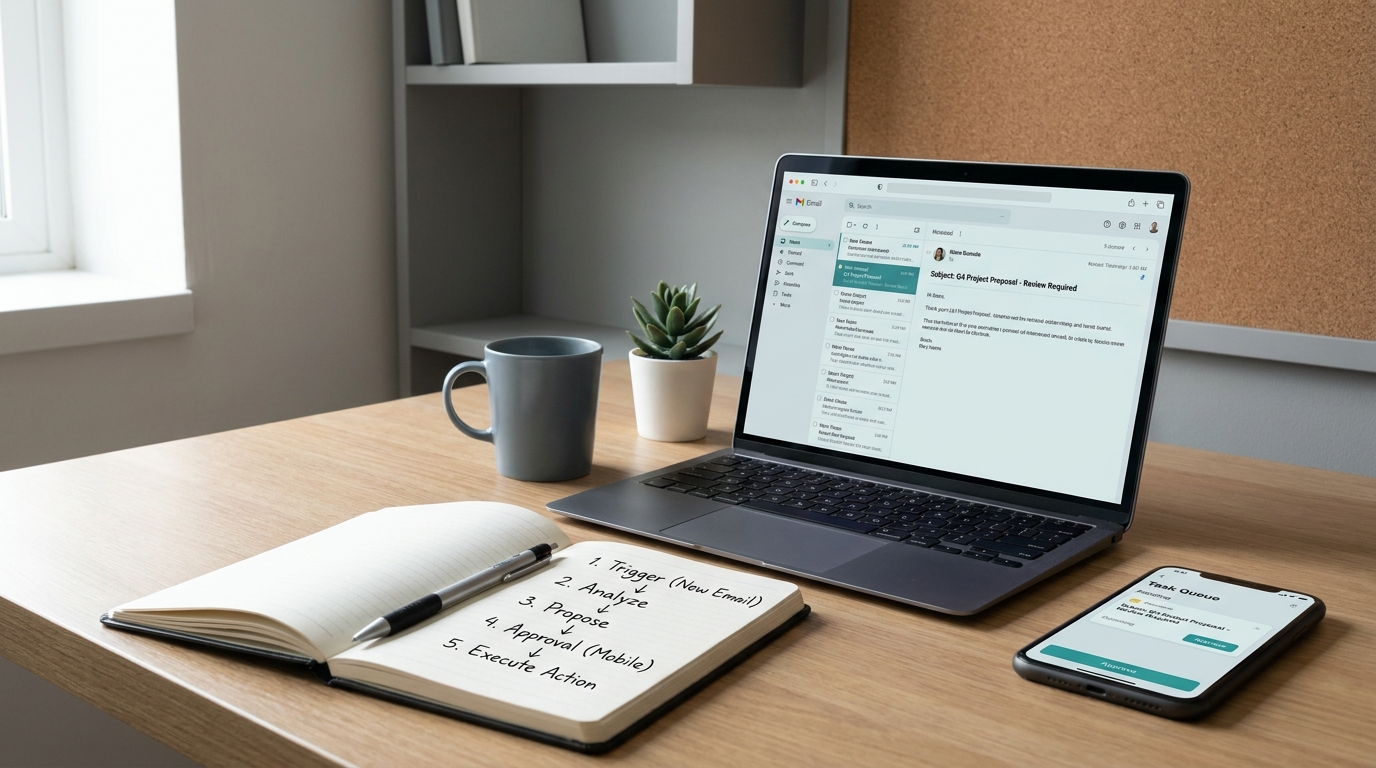 A desk with a laptop showing an email inbox, a notebook listing workflow steps, and a phone showing an approval queue