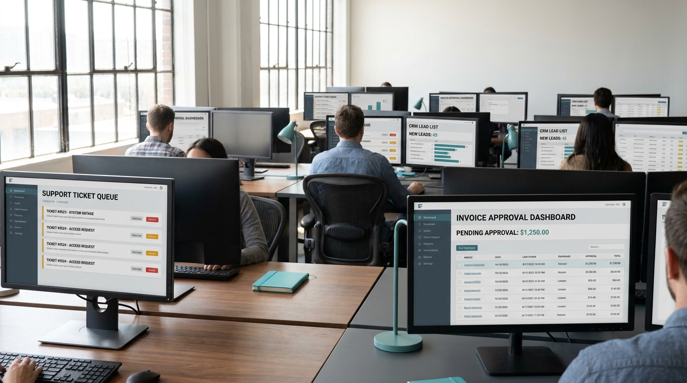 An open operations office with monitors showing a support ticket queue, an invoice dashboard, and a CRM lead list