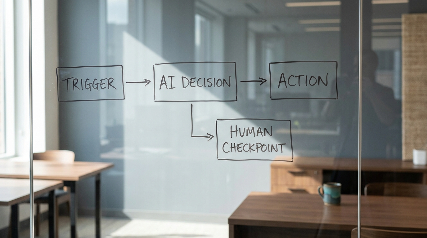 A glass wall with a hand-drawn workflow diagram chaining trigger, AI decision, and action boxes, plus a branch to a human checkpoint