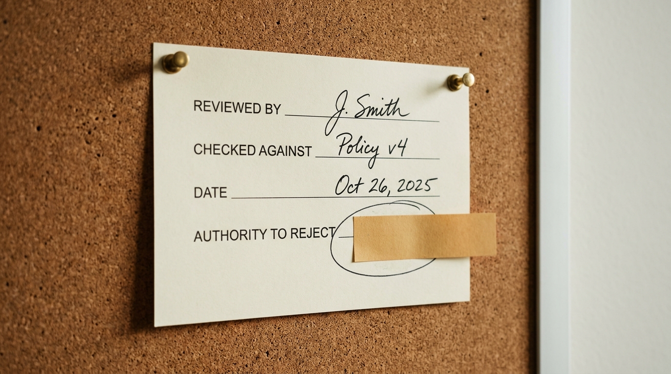 A pinned paper sign-off form with reviewer, standard and date filled in by hand and the authority-to-reject field left blank