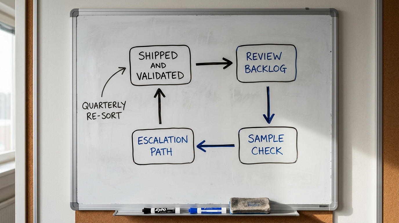 A whiteboard with a hand-drawn weekly loop connecting shipped and validated work, review backlog, sample check and escalation path