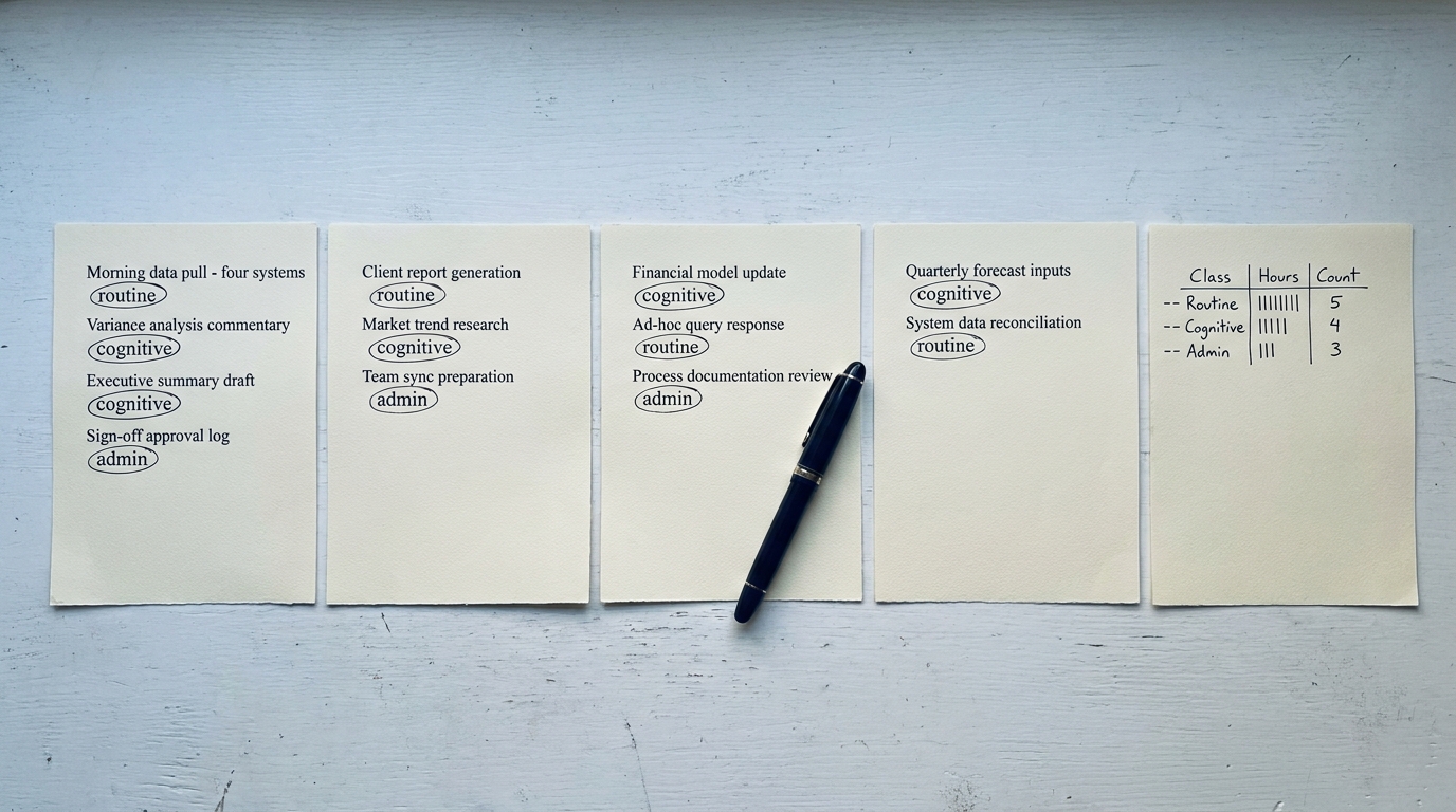 Five printed sheets in a row listing an analyst's tasks, each line hand-labelled by class, with a tally table counting hours per class