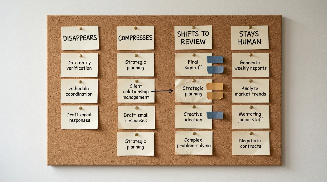 A cork board of pinned index cards sorting one role's tasks into four labelled columns: disappears, compresses, shifts to review, stays human