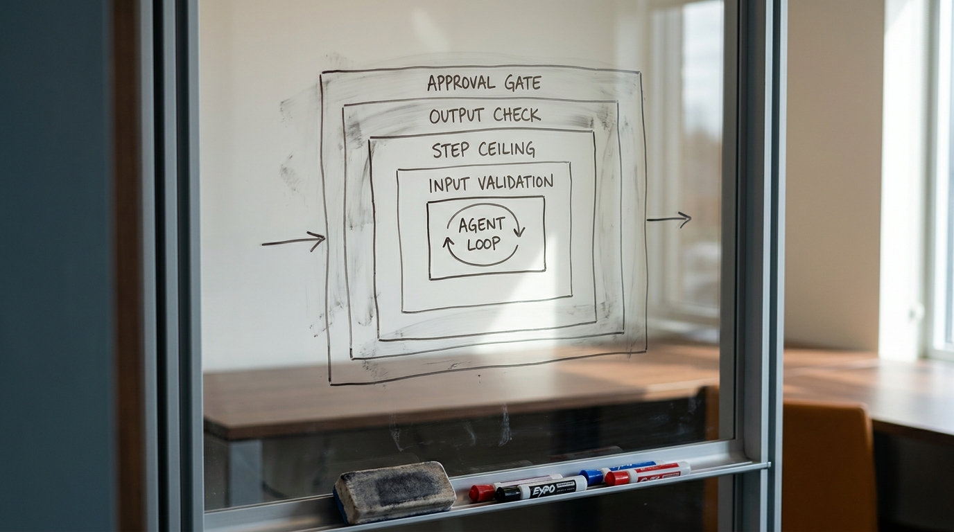 Hand-drawn glass-wall diagram of an agent loop wrapped in labelled guardrail layers: input validation, step ceiling, output check, approval gate
