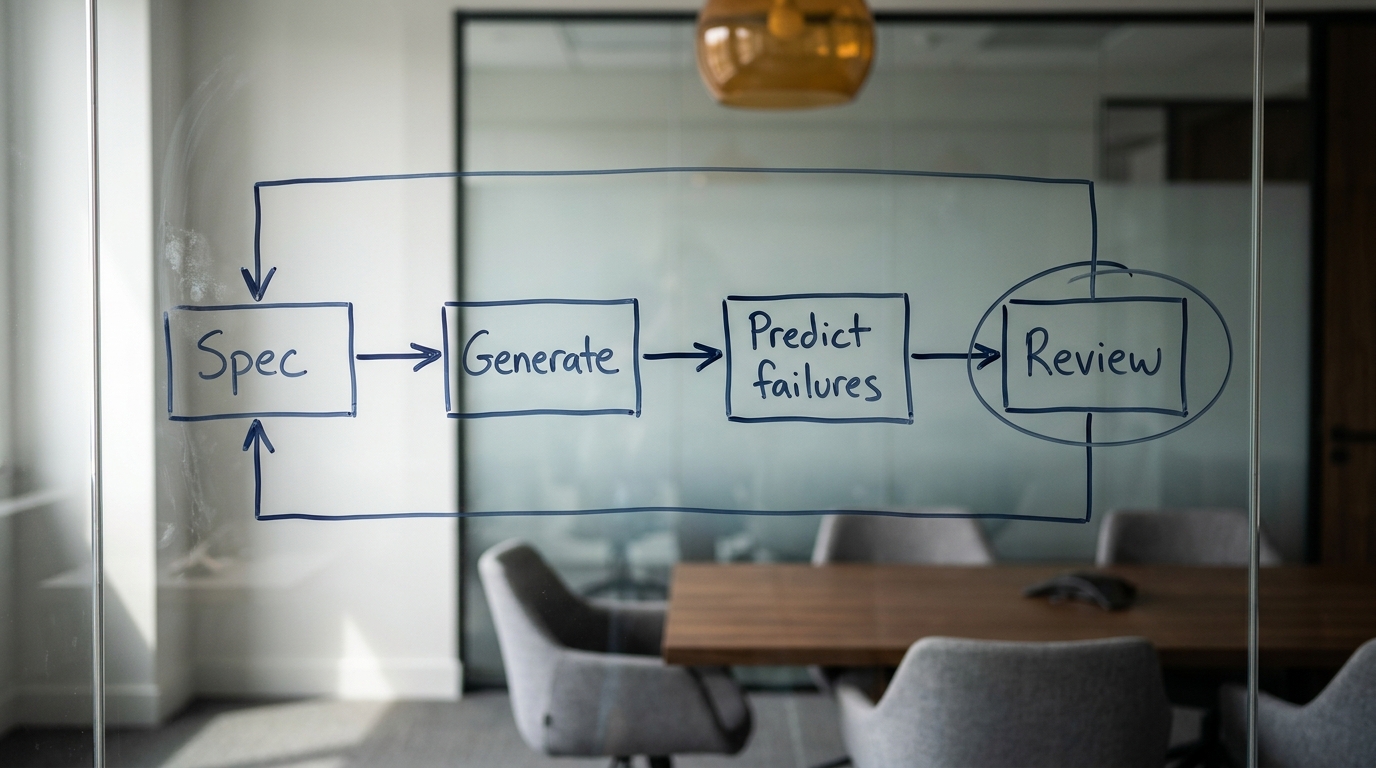 Hand-drawn diagram on a glass office wall showing spec, generate, predict failures and review steps with a loop back arrow