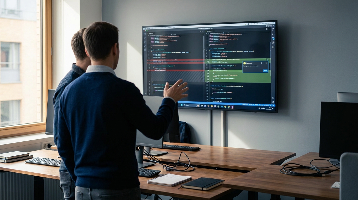 Two people at a large wall monitor showing a side-by-side code diff with an open review comment thread