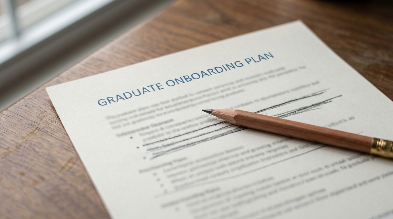 A printed graduate onboarding plan on a wooden desk with half its task bullets struck through in pencil