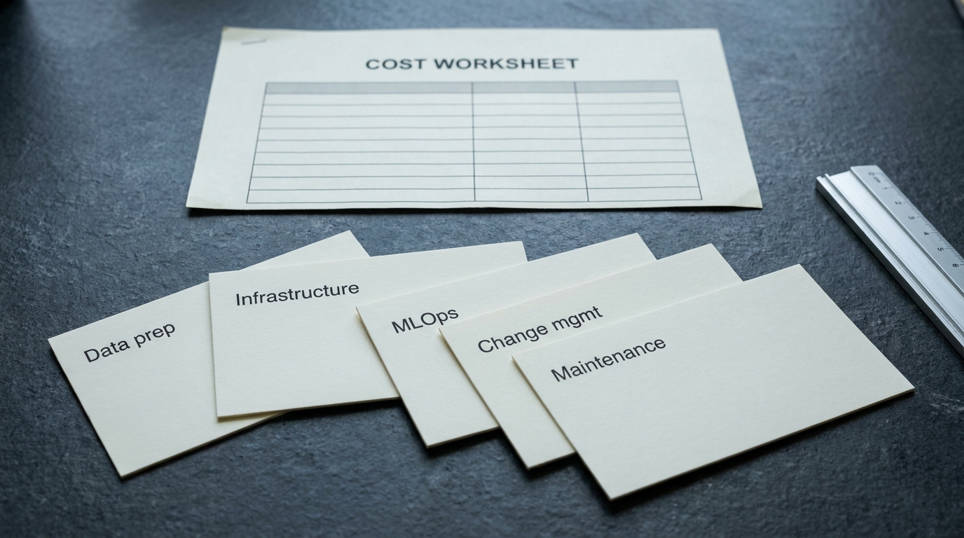 Overhead flat-lay of a printed cost worksheet on slate with five index cards below it labelled with excluded budget line items