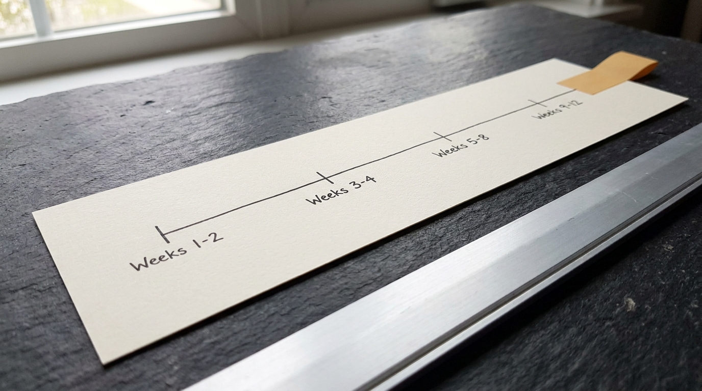 Overhead flat-lay of four printed documents in a row on slate labelled with the four two-to-four week stages of a 90-day plan