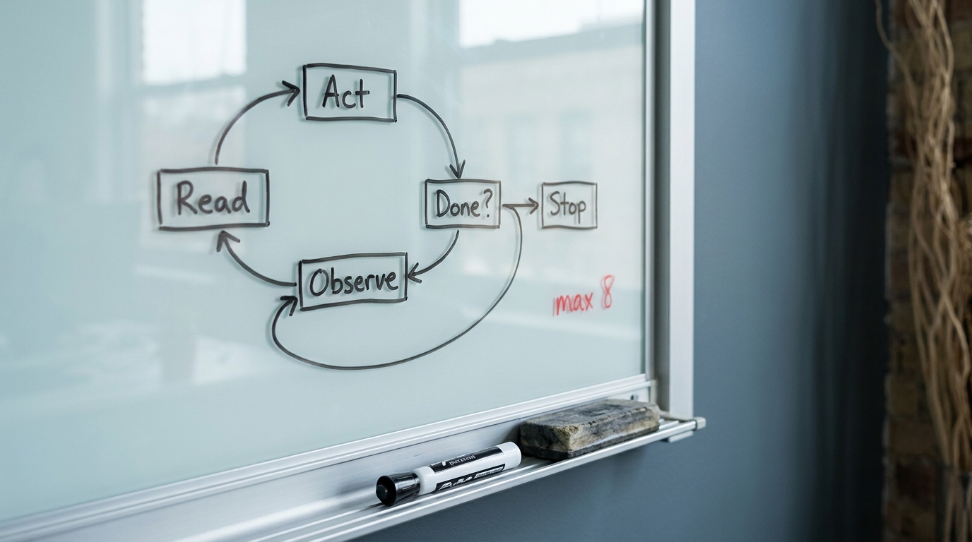 Whiteboard close-up of an agent execution loop labelled Read, Act, Observe, Done, with a return arrow and a stop branch