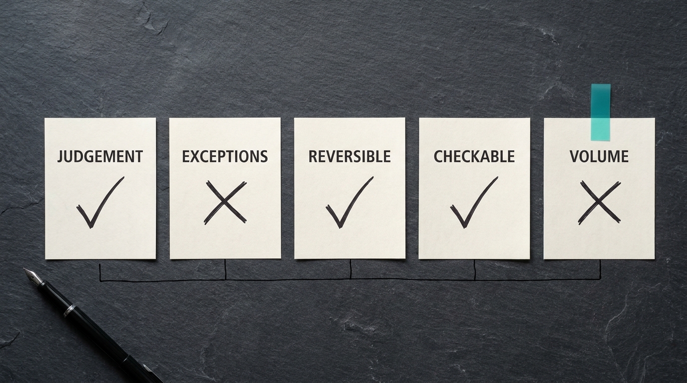Overhead flat-lay of five printed criteria sheets labelled Judgement, Exceptions, Reversible, Checkable and Volume, ticked by hand